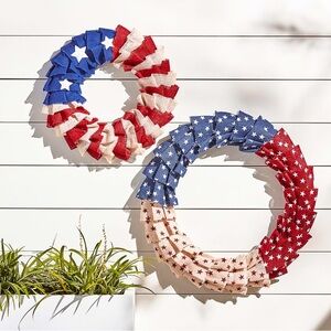 LAST ONE!! New Pottery Barn Burlap Liberty Wreath, Red White & Blue, 16” D